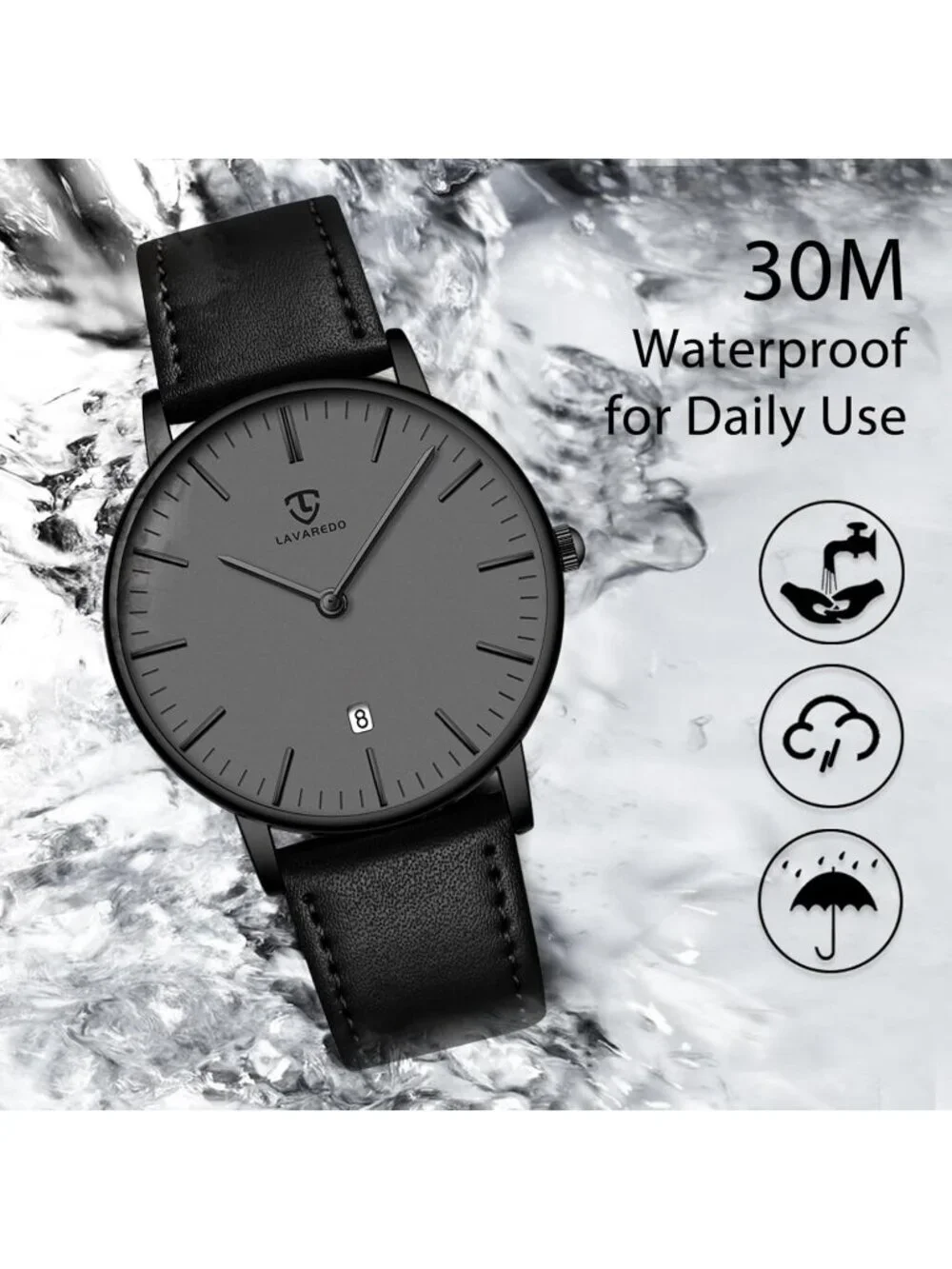 Mens Black Grey Leather Strap Analog Minimalist Fashion Simple Round Wrist Watch